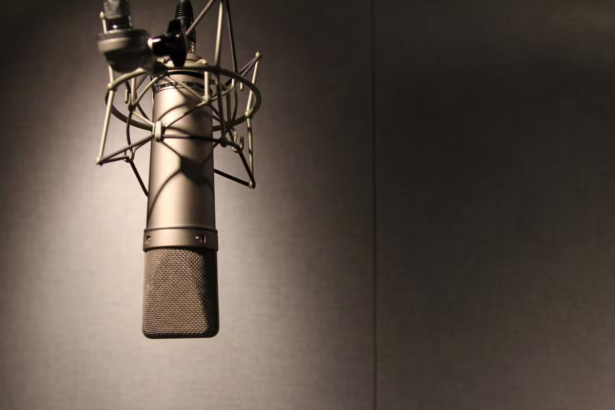 A professional dubbing studio session with a voice actor recording in an acoustically treated booth